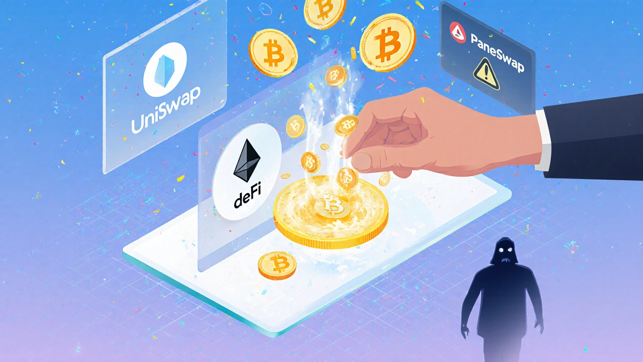 Bir kullanıcı, bir DeFi arayüzünden likidite eklerken, token&#039;lar akıllı sözleşme içinde dönerken ödül sembolleri yükseliyor.