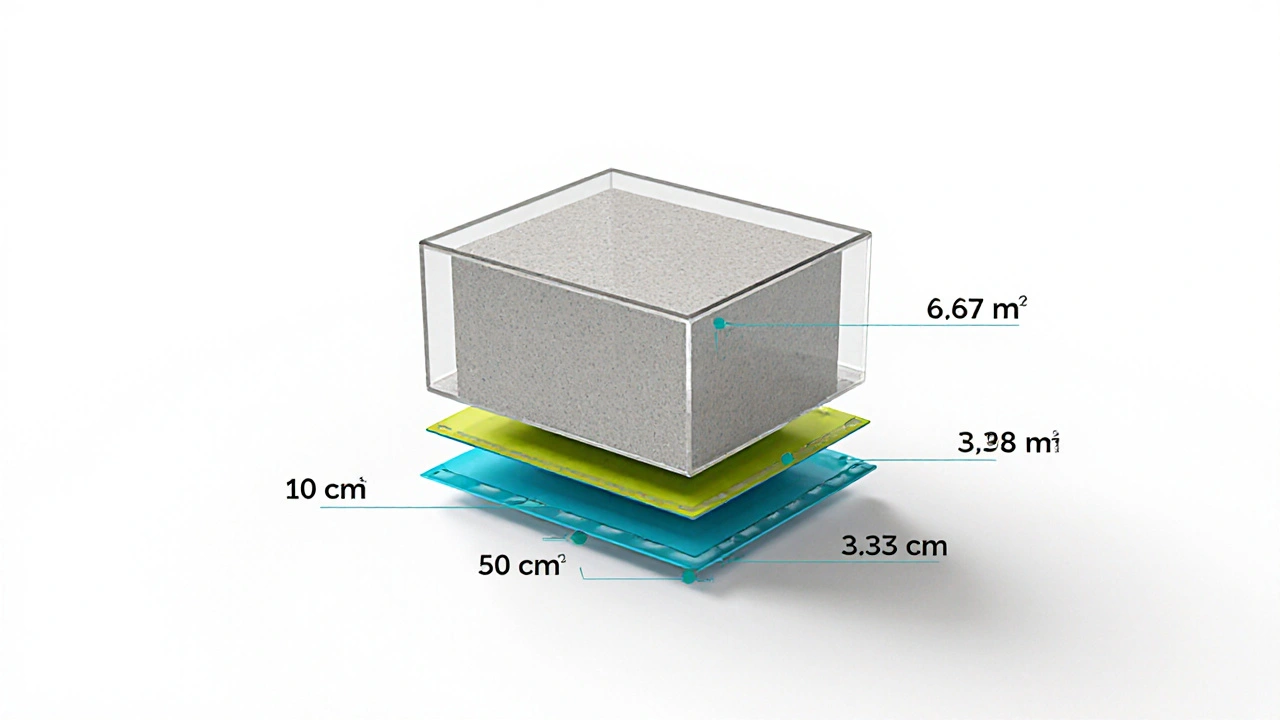 1 metreküp betonun farklı kalınlıklarda kapladığı alanlar transparan olarak gösteriliyor.