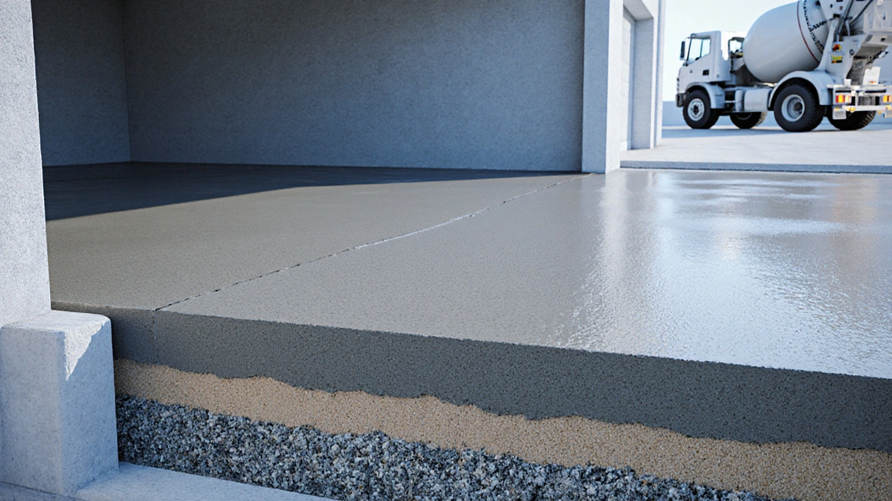 8 cm kalınlığındaki beton katmanları kesit olarak gösterilen garaj zemini.