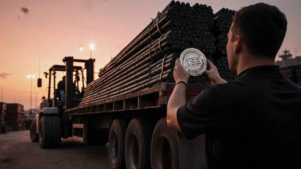 Alacakaranlıkta çelik demir bağlarıyla dolu kamyon, TSE rozetini tutan şantiye amiri.