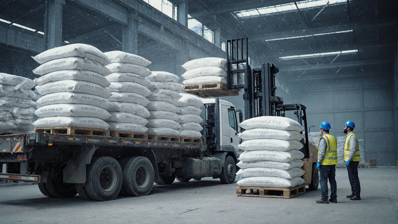 Beyaz çimento torbaları paletlerde, forklift ve kamyon yükleniyor.