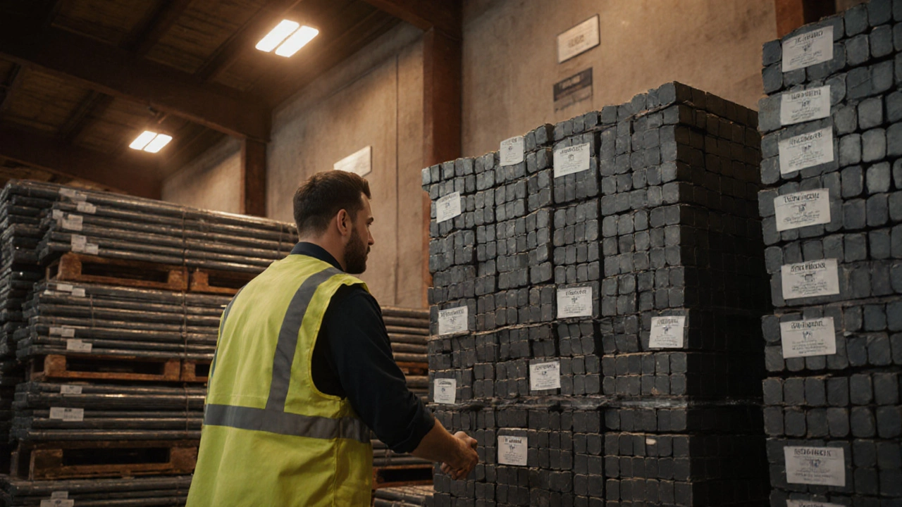 Depoda alıcı ve satıcı, yığın halinde kare çelik çubukların yanında el sıkışıyor.