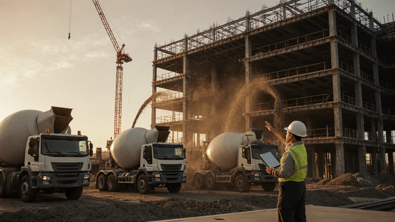 Gün batımında beton kamyonları birden fazla temele beton döküyor, yönetici yönlendiriyor.