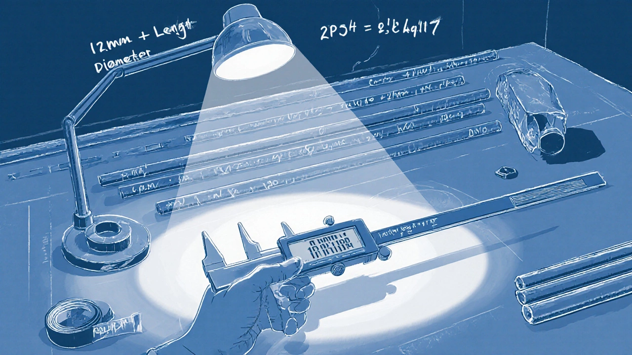 Masa üstünde çelik çubuğun çapını ölçen kumpas ve formül etrafında farklı çaplı demir çubuklar.