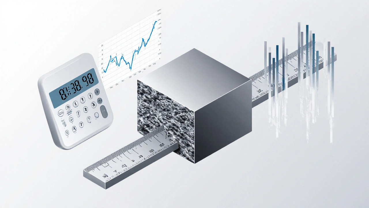 Metre ölçümü ve hesap makinesiyle kare çelik çubuğun teknik kesit çizimi.