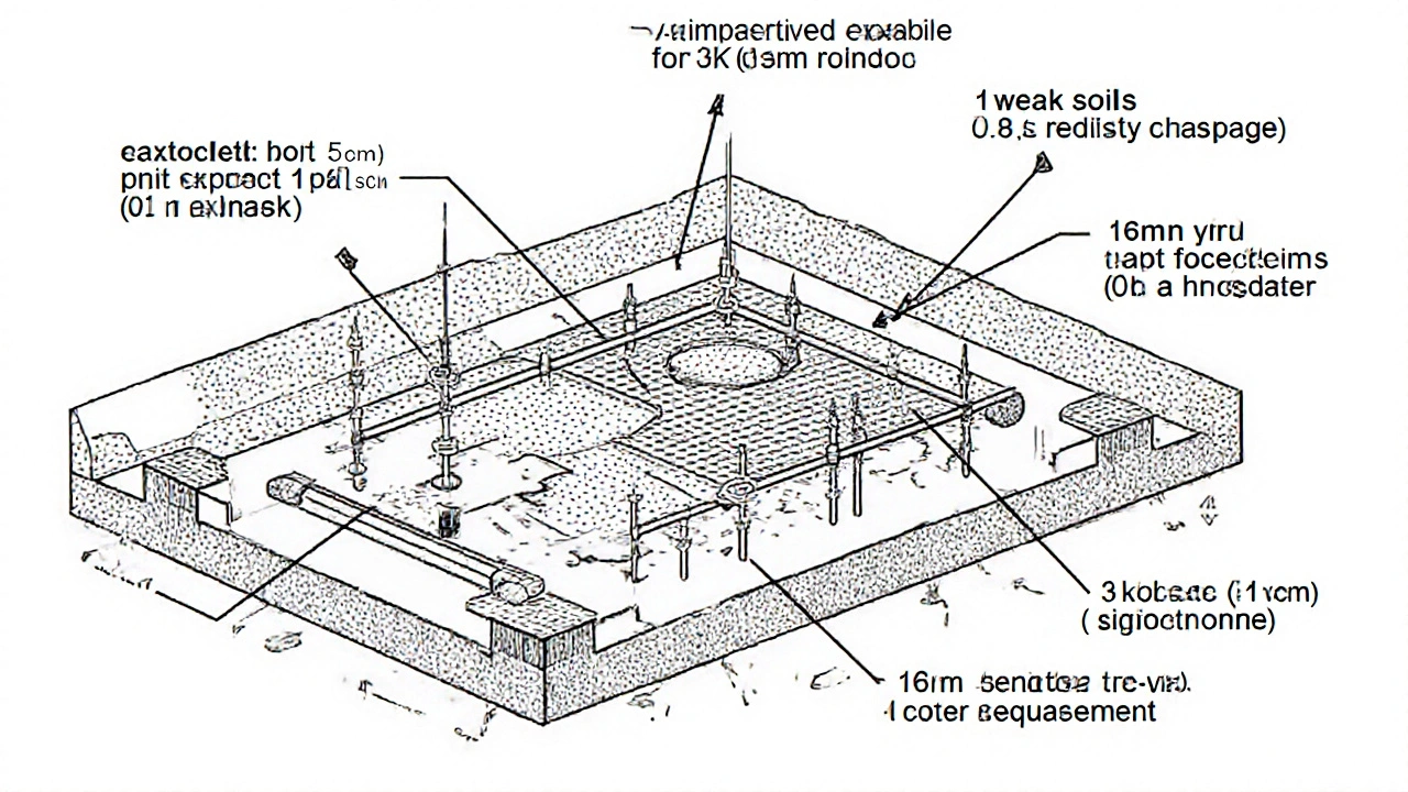 Radye temelin kesit gösterimi: alt ve üst donatı katmanları, kolon altı güçlendirmeleri ve zemin taşıma gücü etiketli.