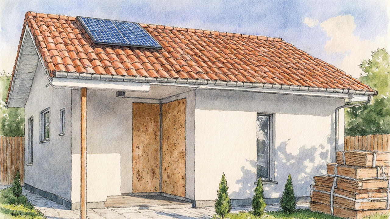 Tamamlanmış 80 m² ev, çatı, izolasyon ve prefabrik iç duvarlarla.
