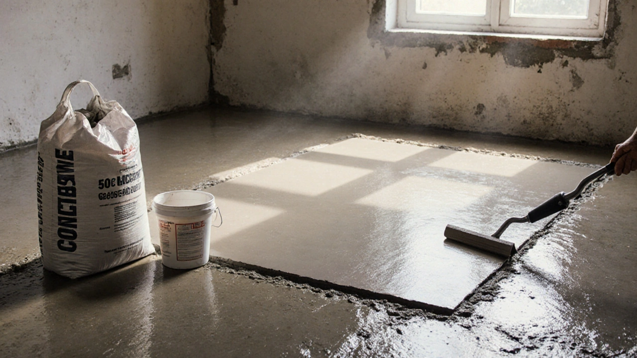 10 cm kalınlıkta beton zemin dökülüyor, bir çimento torbası yanında.