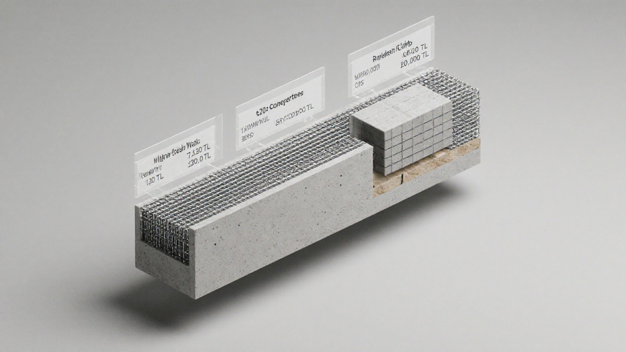 25 cm kalınlıkta perde betonun kesit gösterimi: beton, donatı ve kalıp bileşenleri.