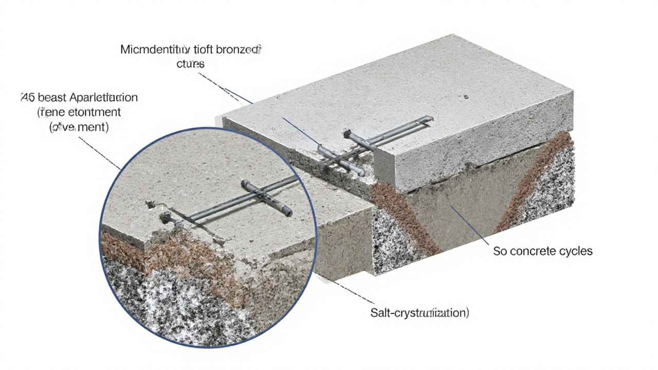 50 yıllık bir apartmanın beton temel kesiti, donatı ve tuz kristalleriyle gösteriliyor.