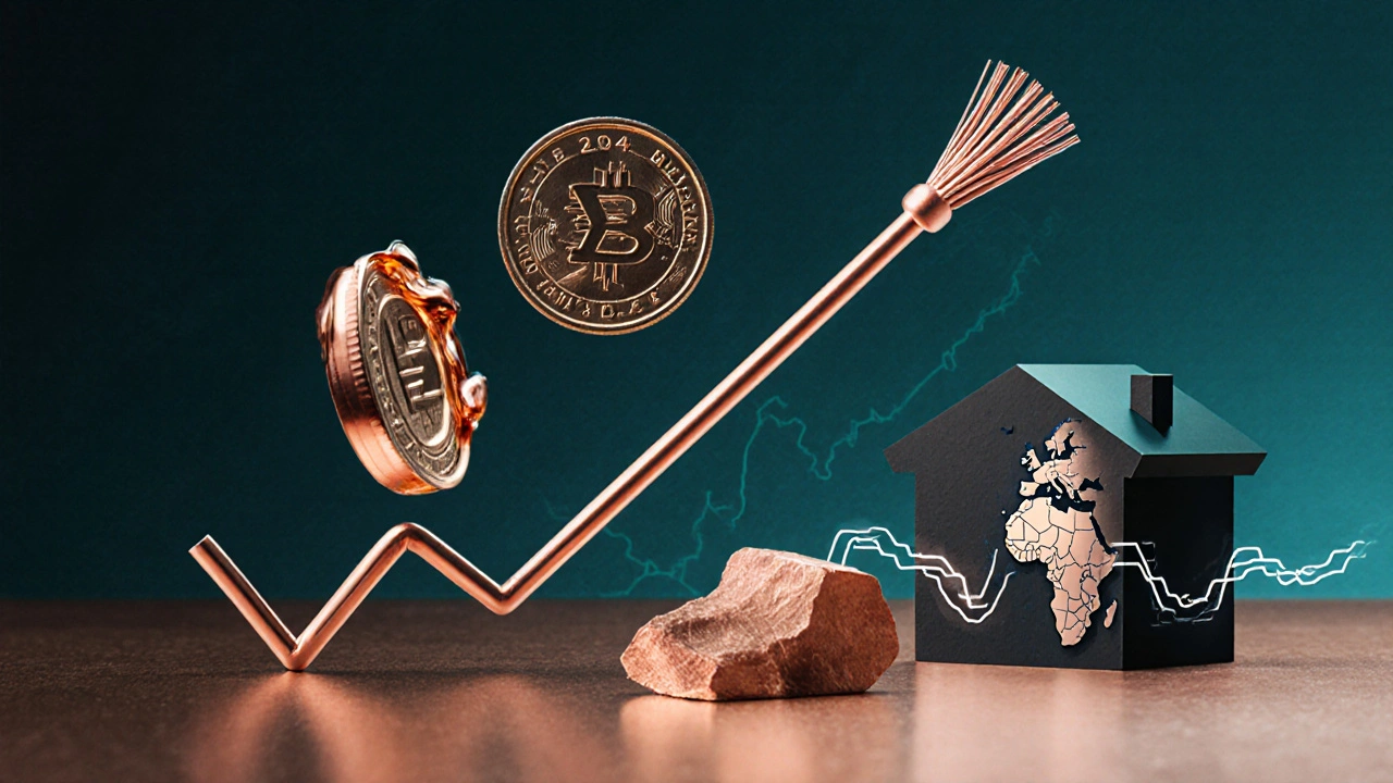 Bakır fiyatlarının 2024&#039;ten 2025&#039;e yükselişini gösteren soyut grafik.