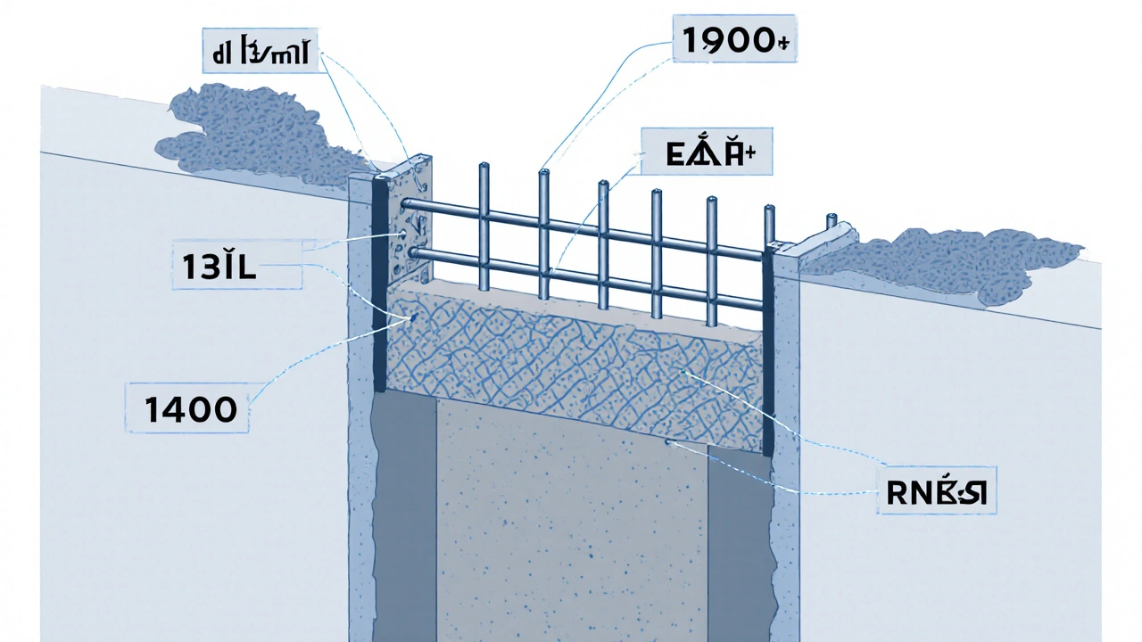 Beton duvarın kesit görünümü, donatı ve kalıp detaylarıyla.