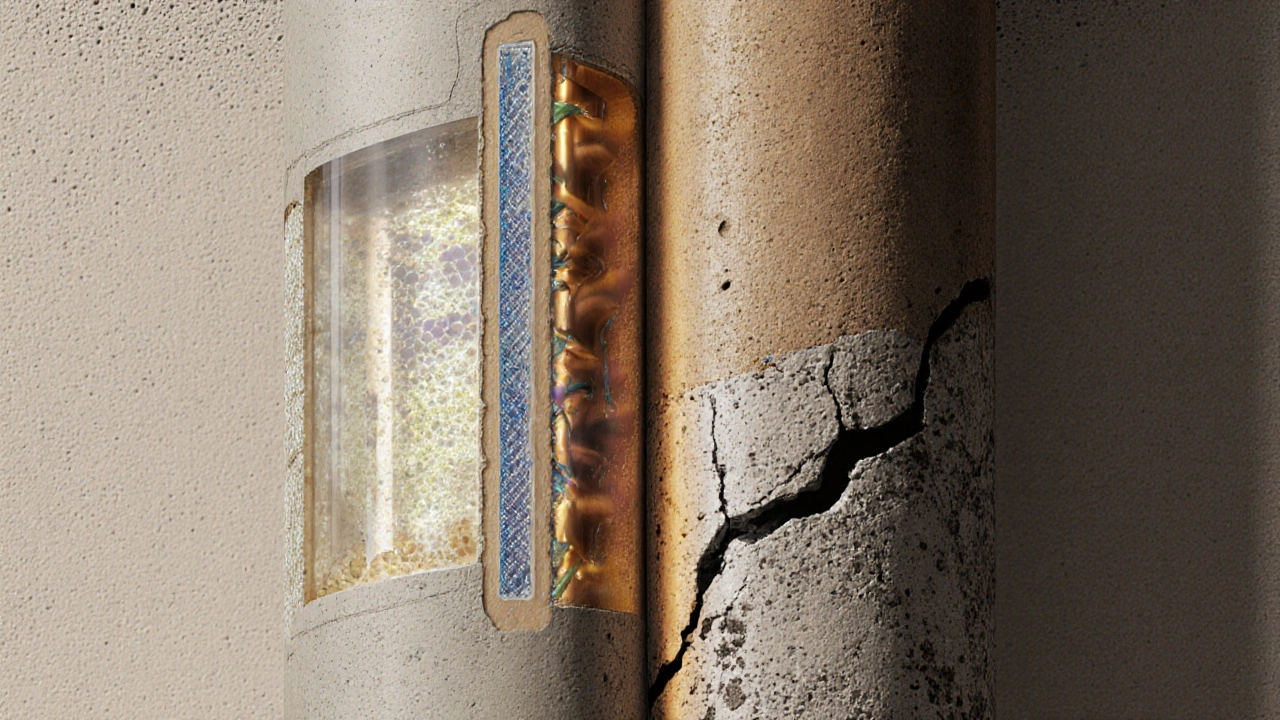 Beton kolonun kesiti: içte hidrasyon süreci ve sağlam yapı karşılaştırılıyor.