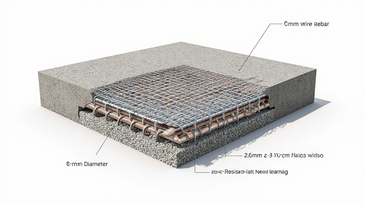 Betona gömülü 6 mm hasır demirin kesiti, tel çapı ve 10 cm ağ aralığı net şekilde görülüyor.