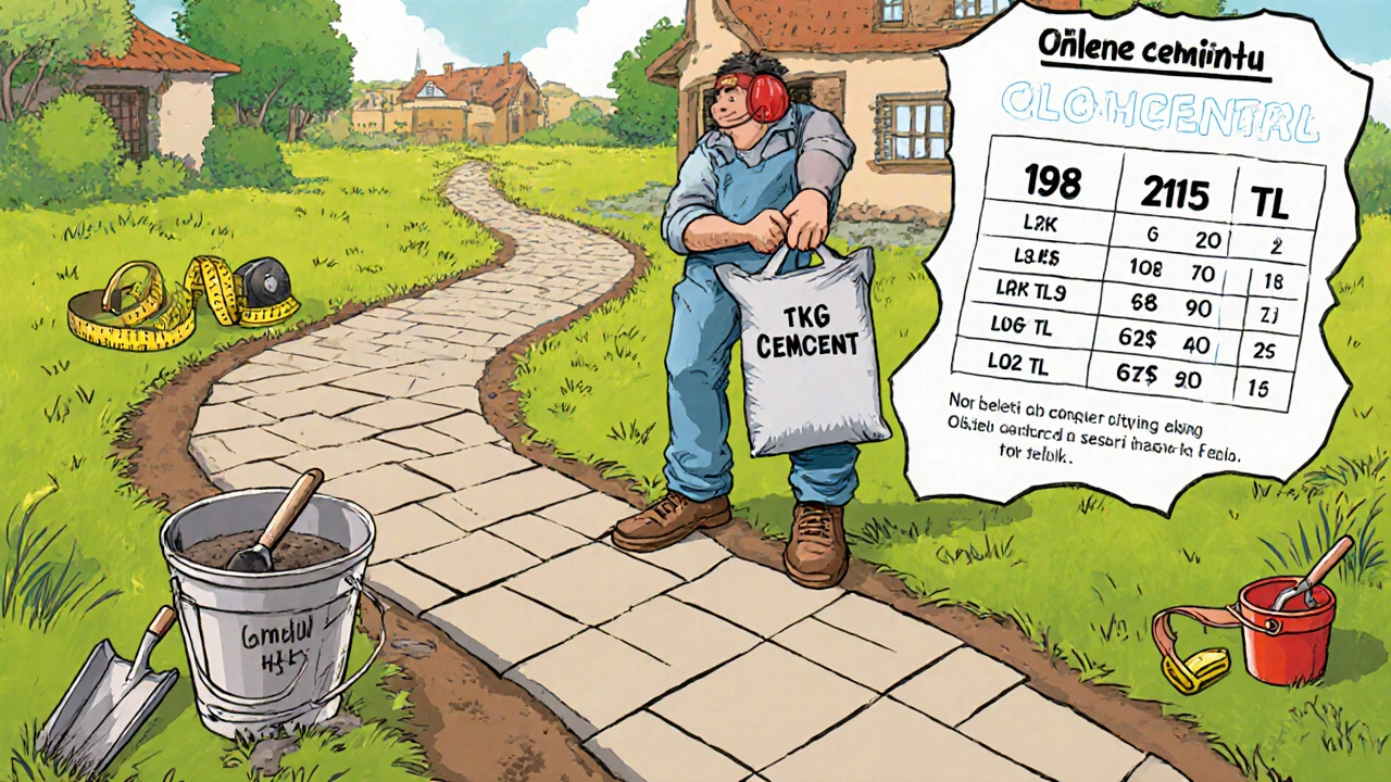 Bir ev sahibi bahçe yolu yaparken 25 kg çimento torbasını taşıyor, arka planda fiyat karşılaştırması var.