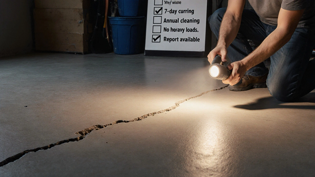 Bir ev sahibi garaj zeminindeki çatlağı tamir ediyor, kontrol listesi duvarda.