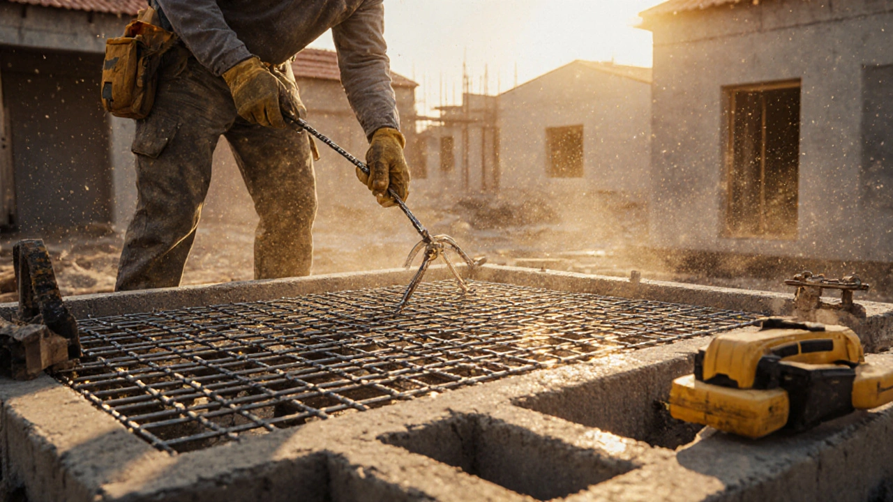 Bir inşaat işçisi, teras döşemesi için 8 mm demiri büküyor, beton kalıplar arasında.