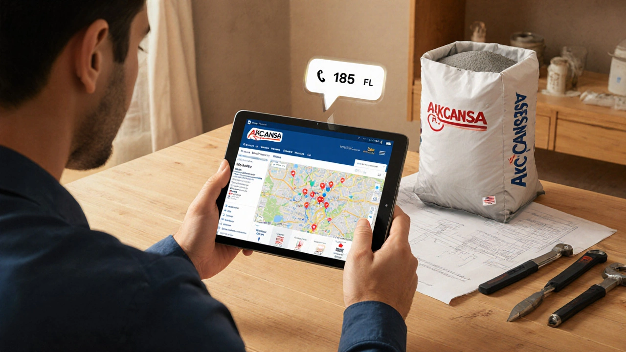 Bir kişi Akçansa distribütör haritasını gösteren bir tablet üzerinde geziniyor, telefon araması ikonuyla birlikte.