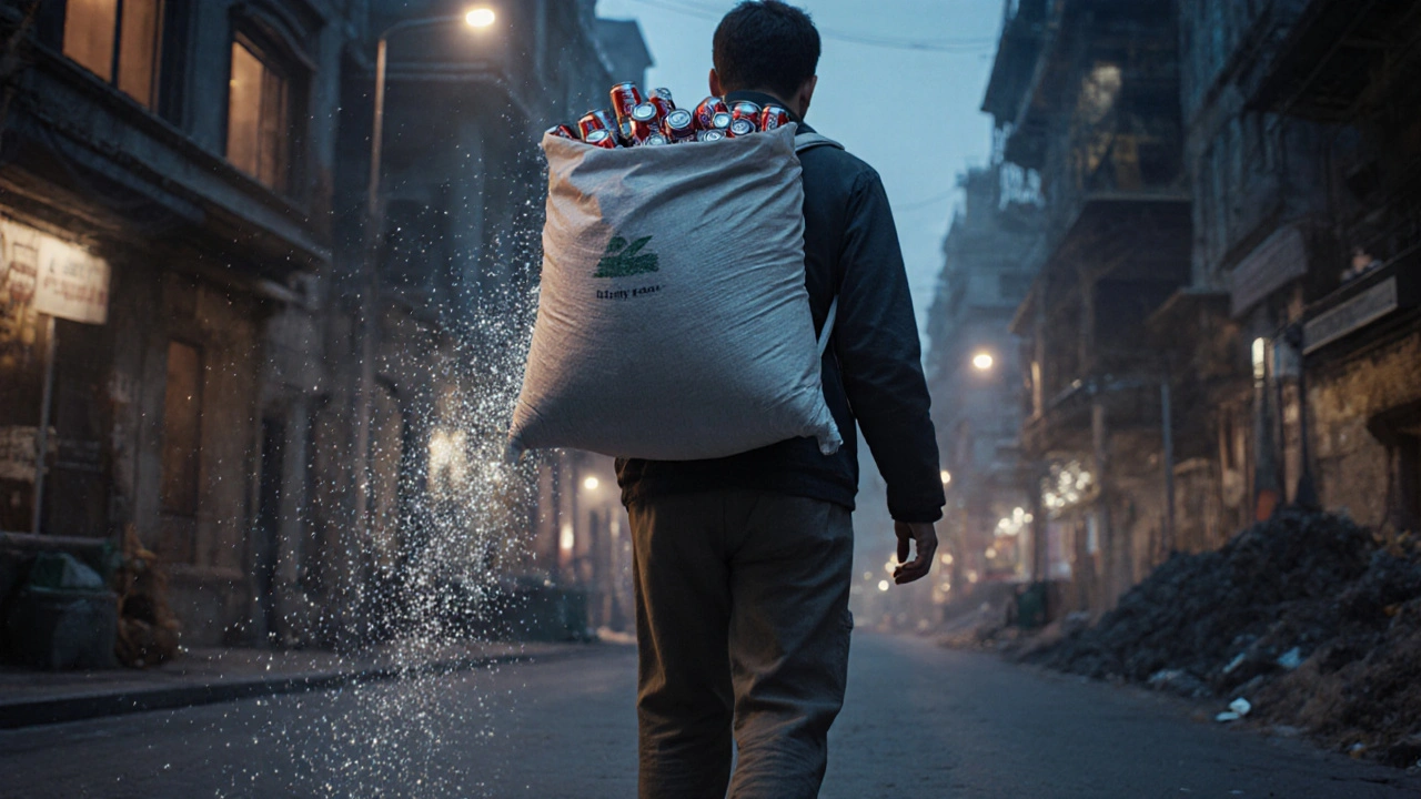 Bir kişi, topladığı kola kutularıyla dolu bir çuvalı sırtında taşıyarak İstanbul sokaklarında yürüyor.