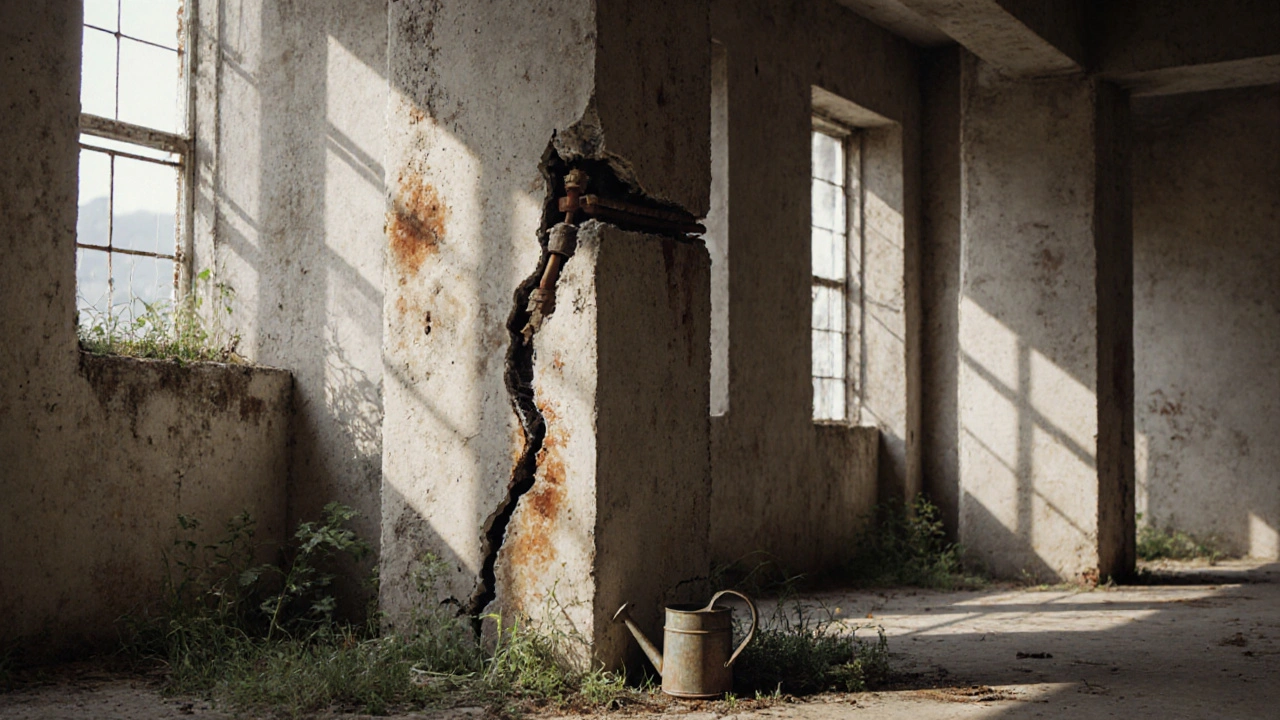 Bırakılmış bir beton kolonda çatlaklar ve paslanma, unutulmuş sulama kabı ile.
