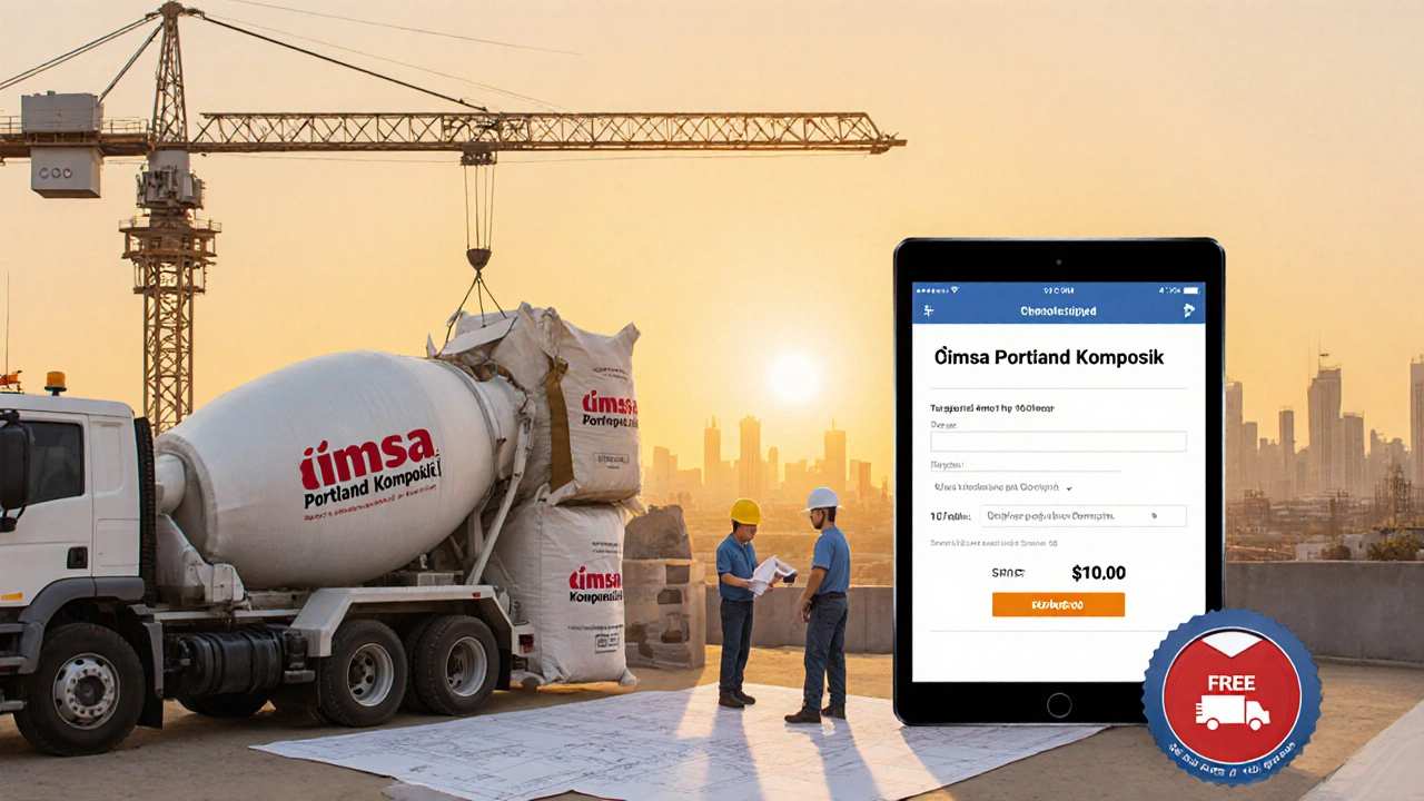 Çimsa çimento torbalarını yükleyen bir inşaat kamyonu, sabah ışığında ve dijital sipariş ekranıyla.