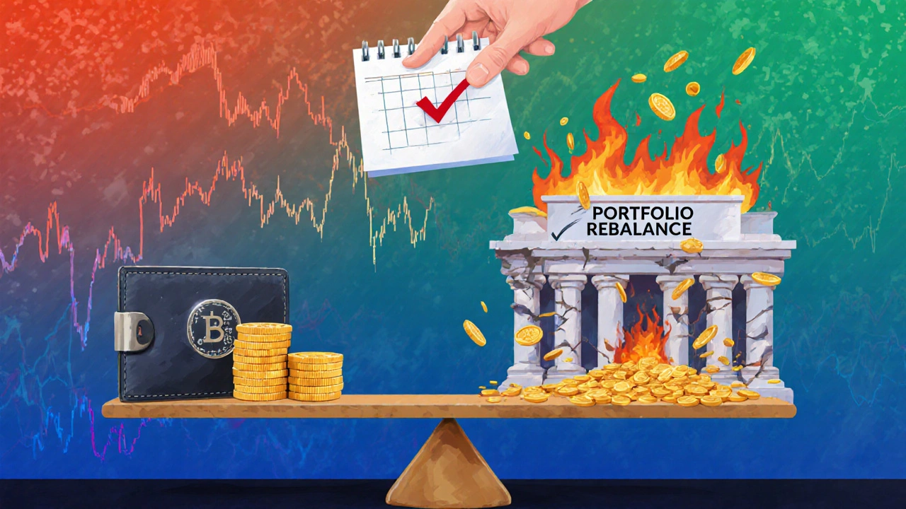 Dengeli bir terazide soğuk cüzdan ve aylık alım karşıtı çöken bir borsa binası.