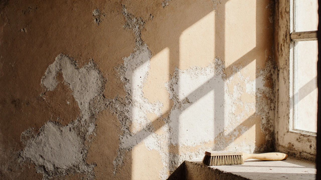 Eski bir Türk duvarında kireçli sıvanın doğal yüzey dokusu.