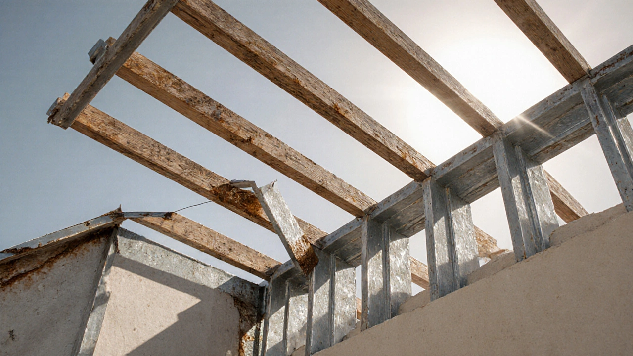 Ev çatısında kullanılan 4 mm kalınlıkta çelik köşebentler ve paslı bir örnek.