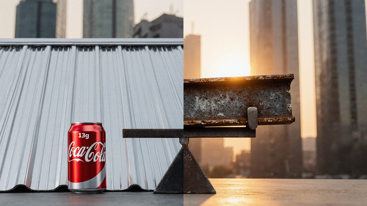 Hafif alüminyum çatı paneli ile ağır demir kirişin karşılaştırması, bir kola kutusu yanında ölçekle gösteriliyor.