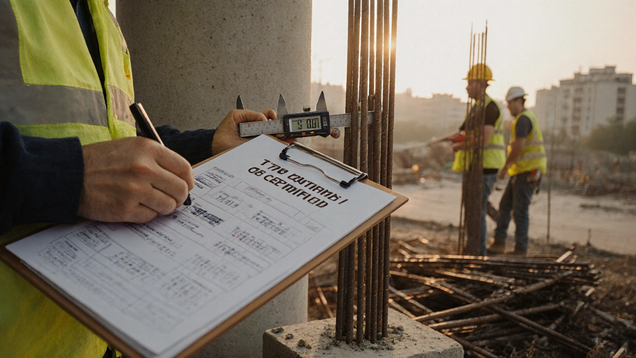 İnşaat sahasında bir denetçi, kolon donatısının çapını ölçüyor, arka planda 12mm demirler yere atılmış.