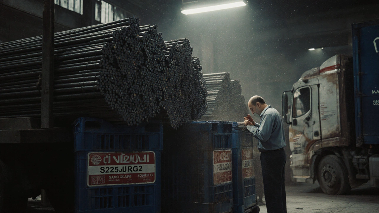 İstanbul&#039;da bir depoda, üretici etiketi görünen çelik donatıların yüklenmesi ve kalite kontrolü yapan bir görevli.