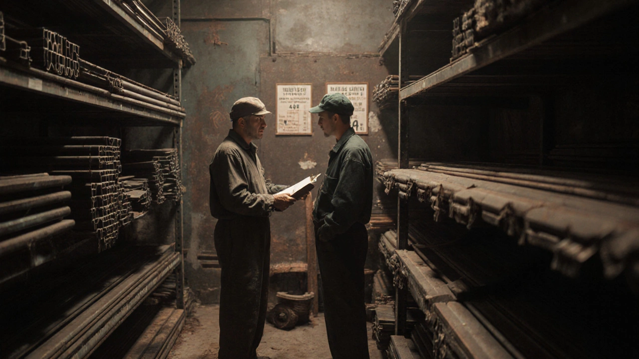 İstanbul&#039;da küçük bir demir deposu içinde, müşteri ve satıcı 50x50 profil fiyatı üzerinde görüşüyor.