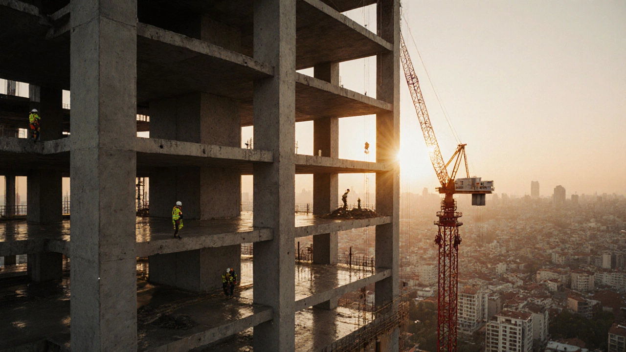 İstanbul&#039;da yükselen bir yüksek katlı bina, perde duvarlar ve kule vinçlerle.