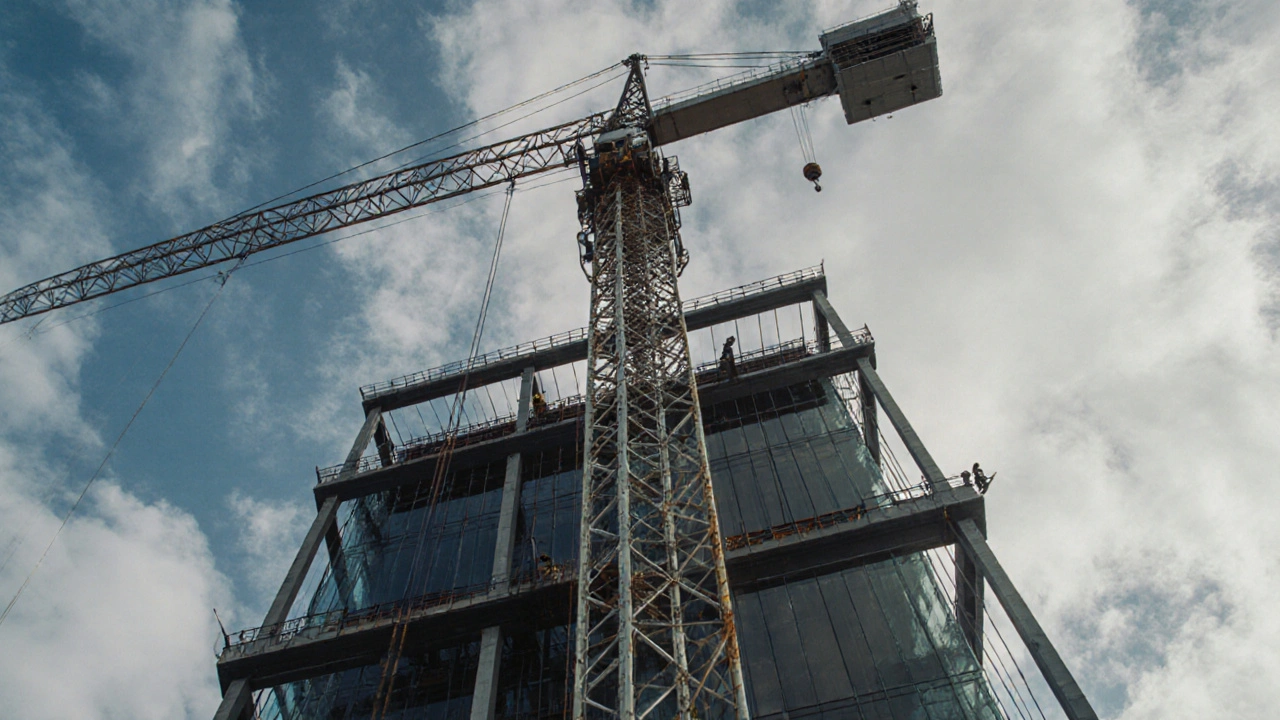 Kendi kendini yükseltmeli bir vinç, beton gövdeye bağlı olarak bir kat yukarı çıkıyor.