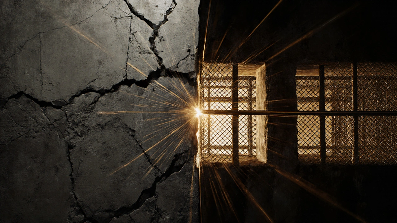 Kırılan beton duvarın hasır demirle güçlendirilmesi, yapısal dayanımın sembolik temsili.