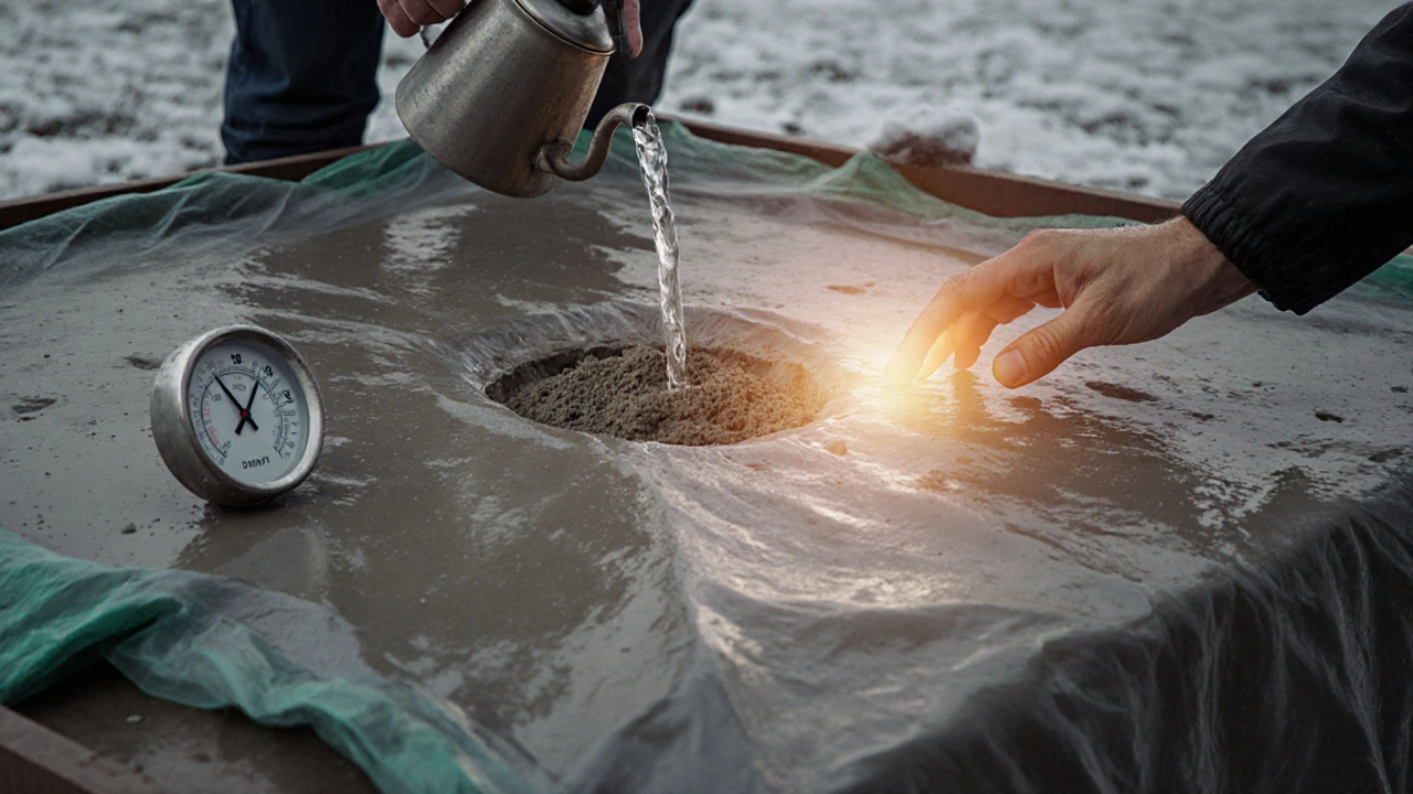 Kışın beton dökümü, ılık su ve nemli örtülerle korunuyor, sıcaklık 5°C&#039;de.