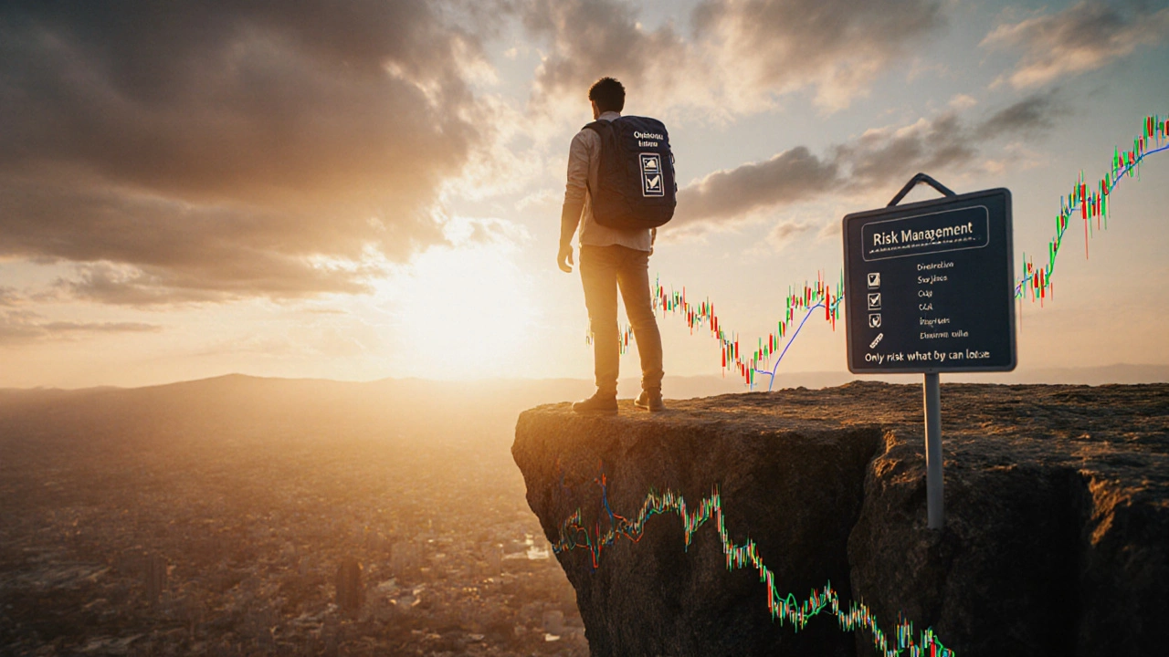 Kripto risklerini yöneten bir kişi, volatilite çukurunun kenarında risk yönetimi çantası taşıyor.