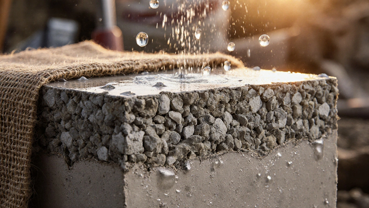 Kuru çatlaksız betonun iç yapısı, çakıl agrega ve çimento macunu ile gösteriliyor.