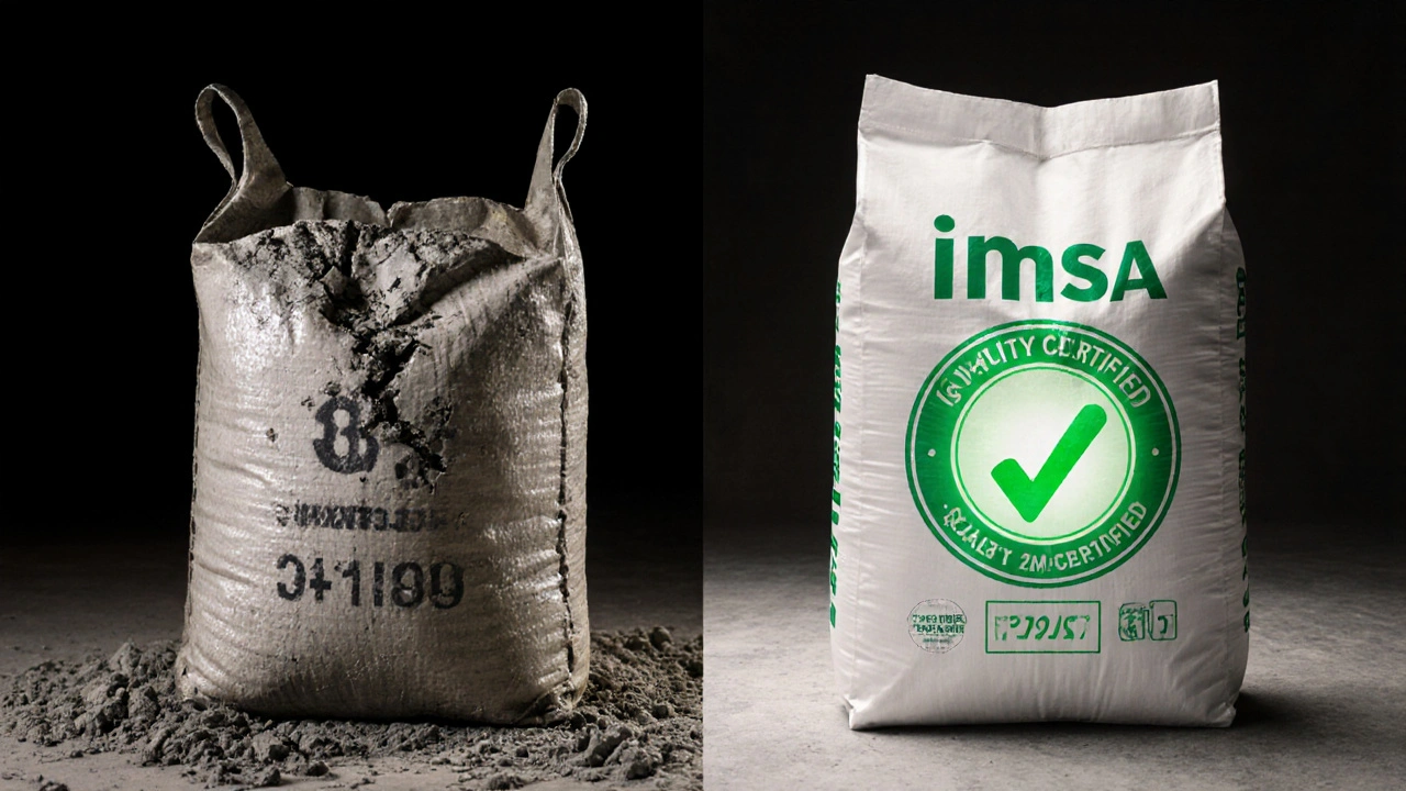 Sağda yeni Çimsa çimento, solda nemden bozulmuş çimento, karşılaştırmalı görsel.