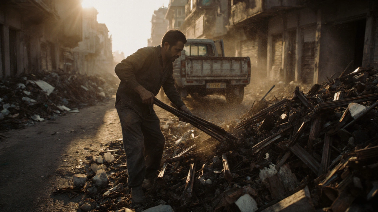 Scrap collector sorting steel debris, removing rust and contaminants before loading into truck.