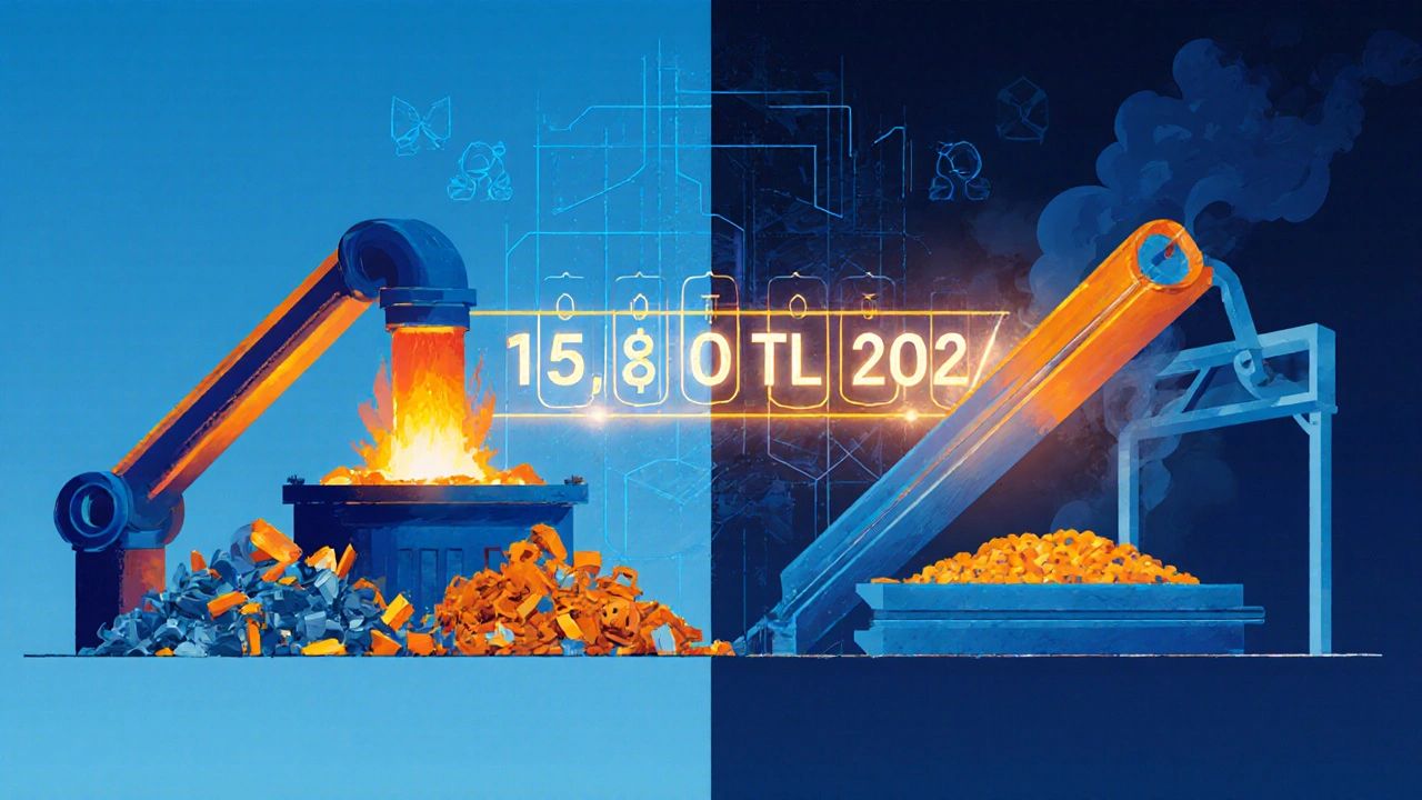 Split illustration: scrap metal melting into new steel beams with price tags in Turkish lira.