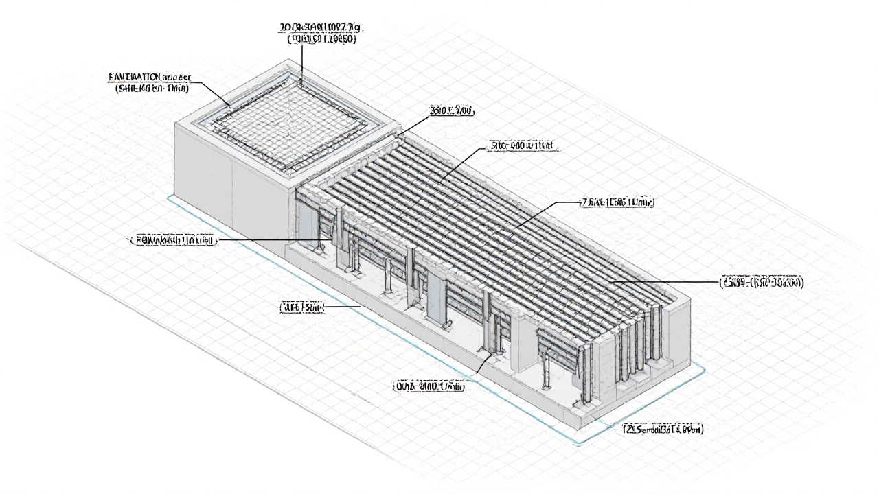 Temel donatısının kesit gösterimi: kirişler, taban ve perde donatıları ayrı ayrı belirtilmiş.