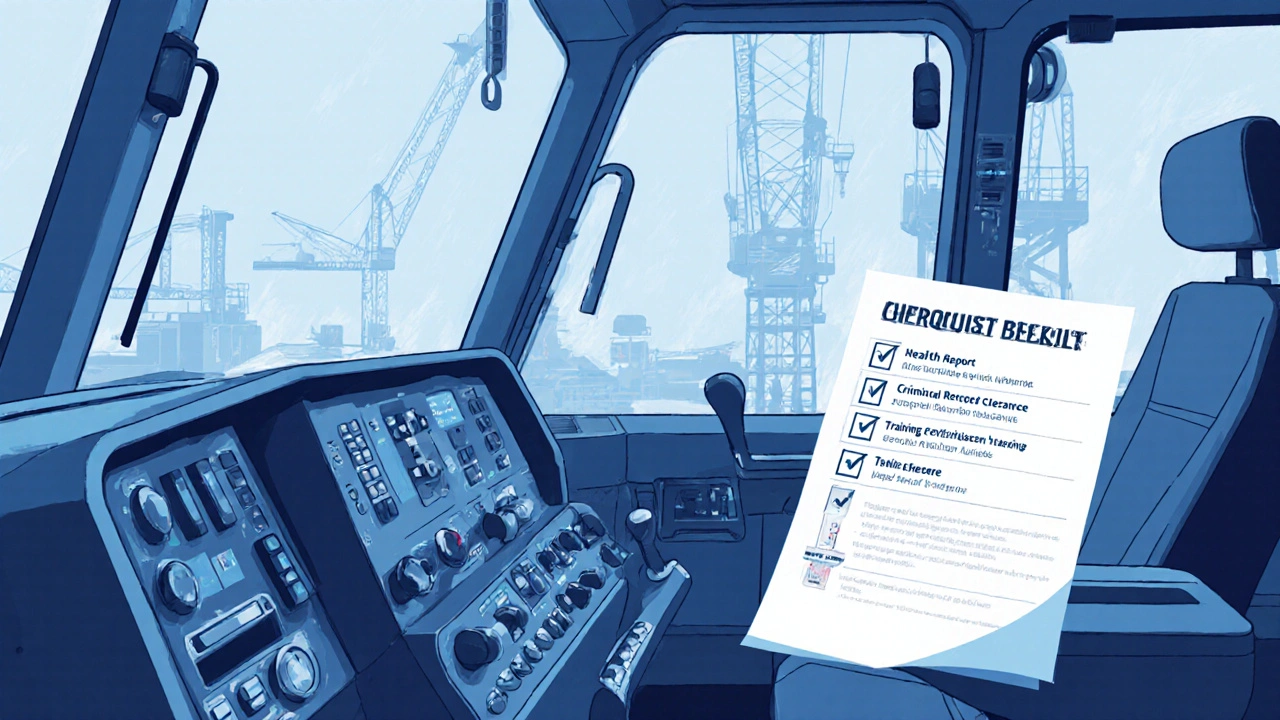 Vinç kabininin içi, kontrol panelleri ve gerekli belgelerle detaylı gösteriliyor.