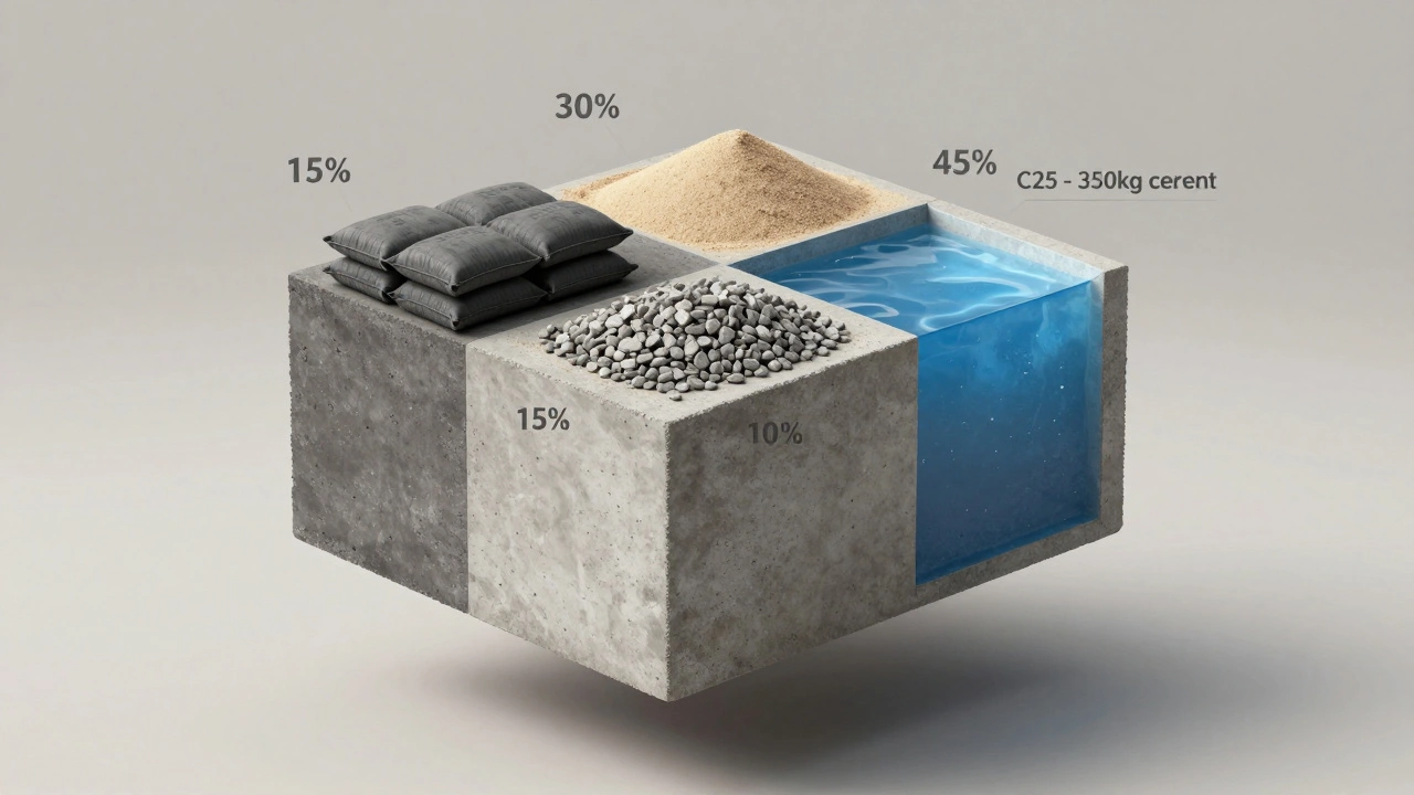 1 metreküp betonun bileşenleri: çimento, kum, çakıl ve su oranı görselleştirildi.