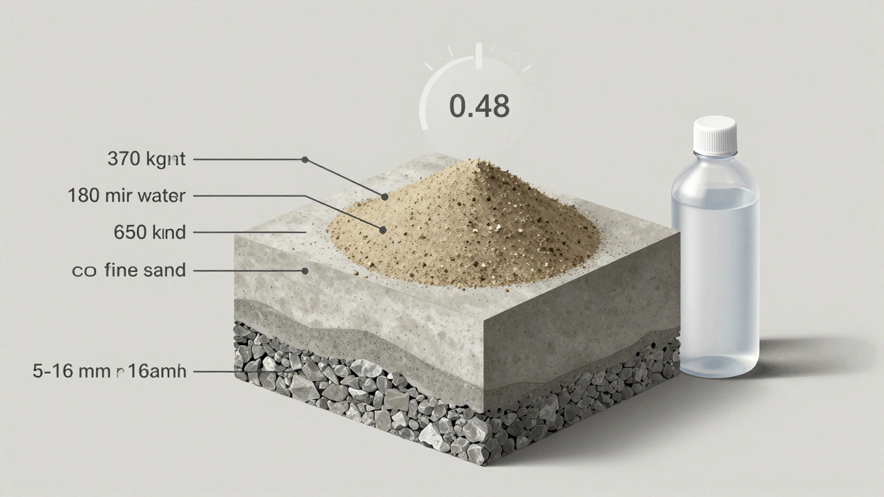 1 metreküp C30 betonun malzeme oranları: çimento, su, kum ve çakıl.