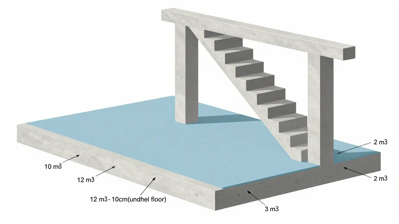 120 m² evde beton kullanımının kesit gösterimi: temel, zemin, merdiven ve kirişler.
