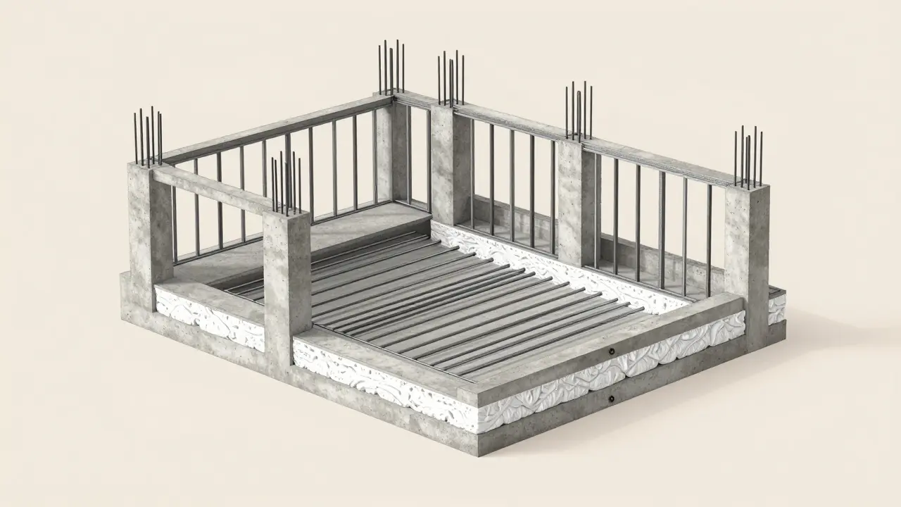 120 metrekare bir evin kesit gösterimi: beton, demir ve izolasyon katmanları.