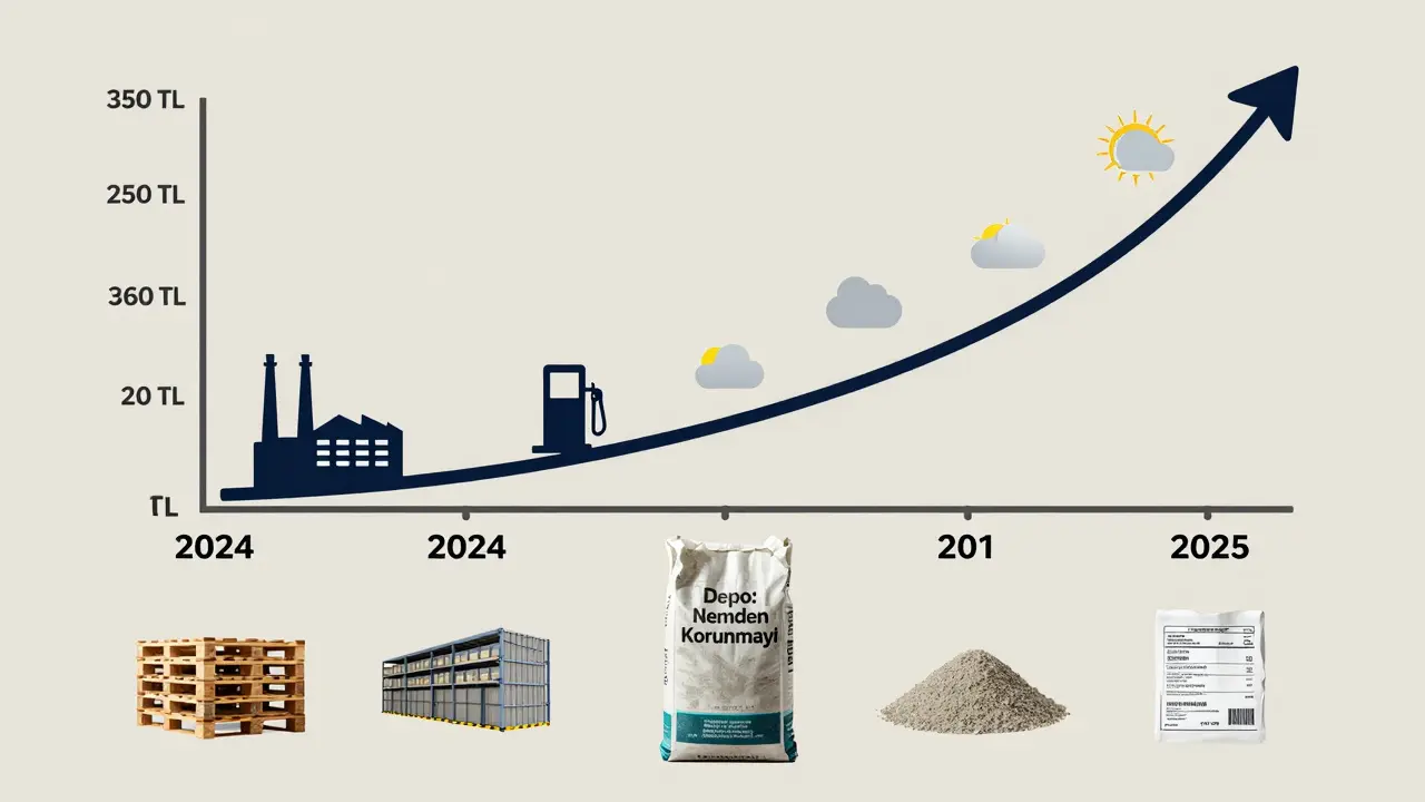 2024-2025 çimento fiyat trendi ve nemden koruma için doğru depolama yöntemleri görsel temsili.