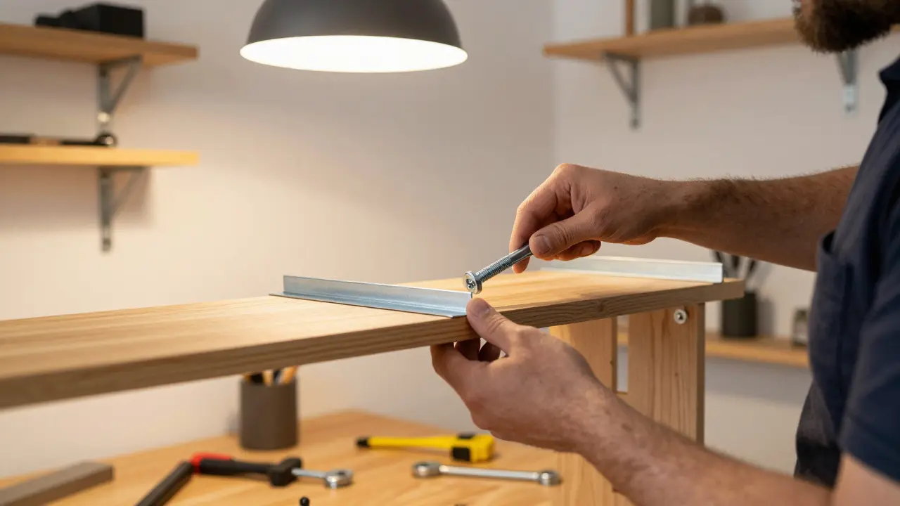 Ahşap raf üzerine çelik köşebentlerle montaj yapan bir kişi, ev workshop ortamında.