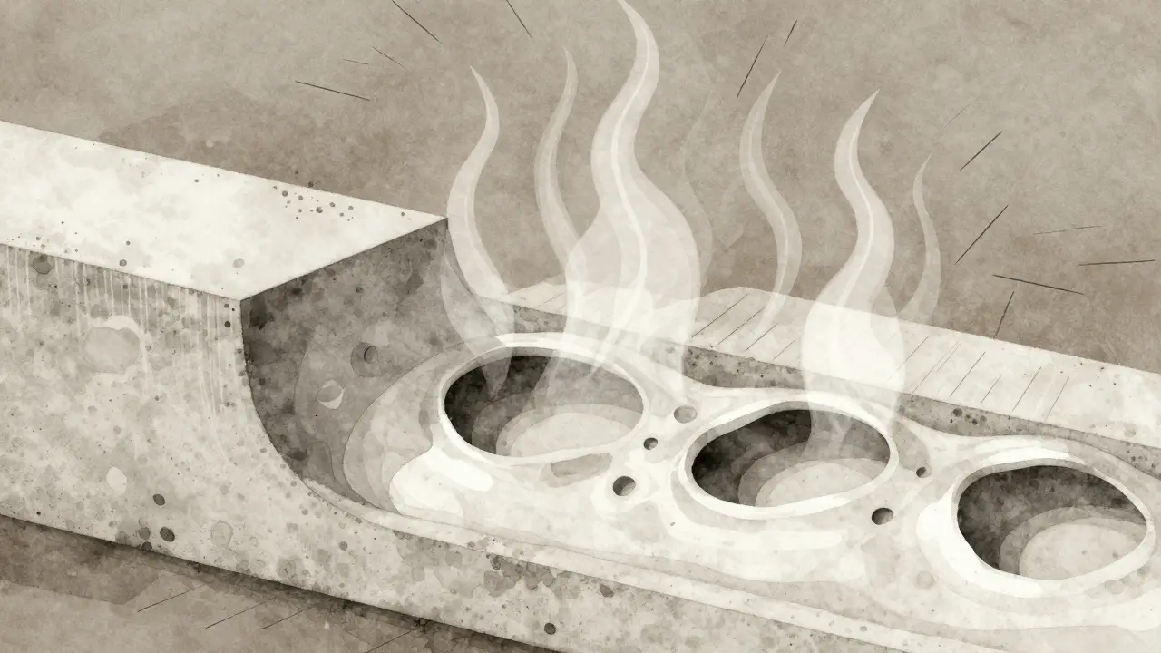 Aşırı çimentolu betonun iç yapısı: hava boşlukları ve ısı gerilimleri gösteriliyor.